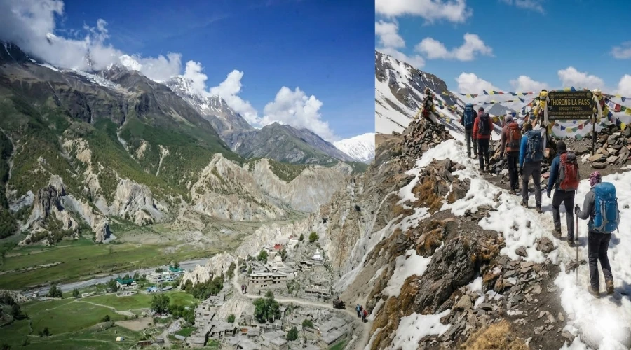 Trekkers crossing Thorong La Pass at 5,416m on the Annapurna Circuit, Nepal